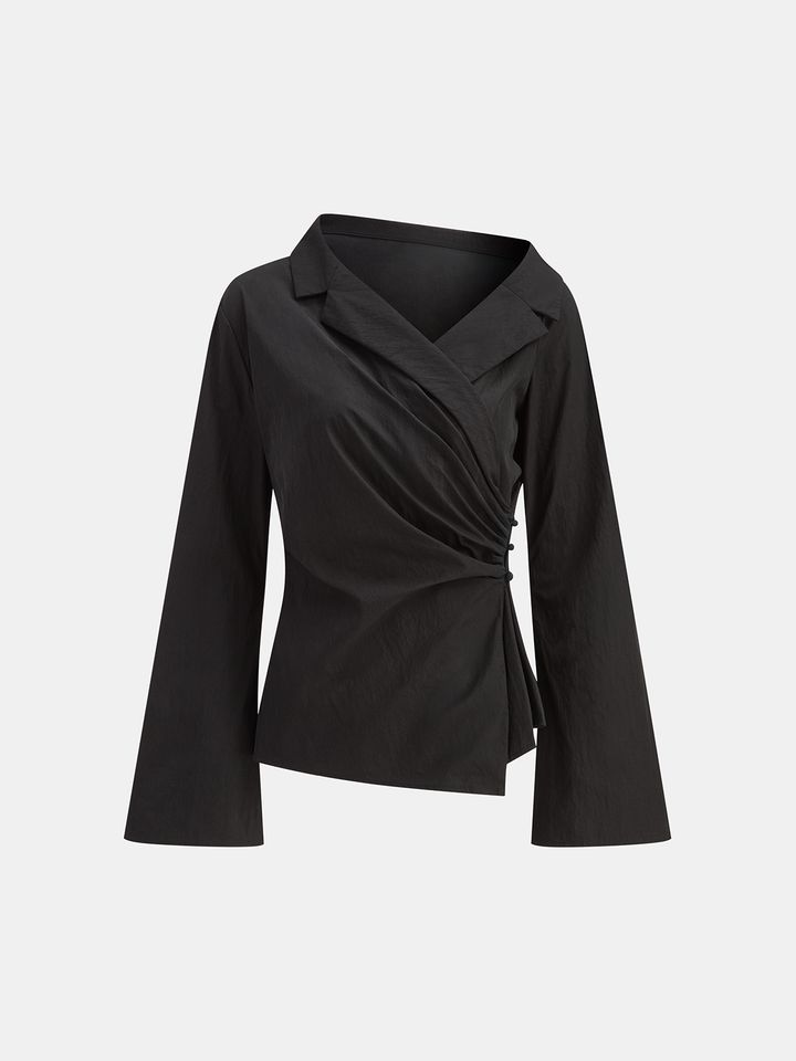 Women's Wrap Blouse Cotton Blend – Asymmetrical, Flared Sleeves, Elegant