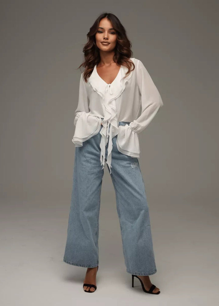 Blouse pour femmes en chiffon avec volants et décolleté en V pour occasions festives élégante