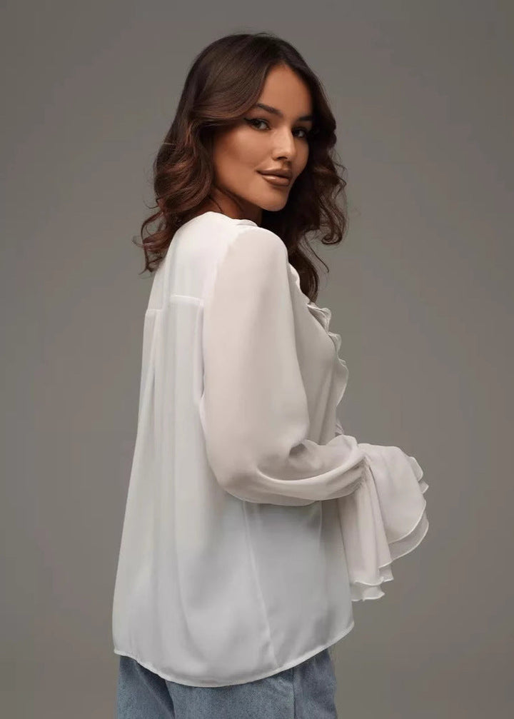Blouse pour femmes en chiffon avec volants et décolleté en V pour occasions festives élégante