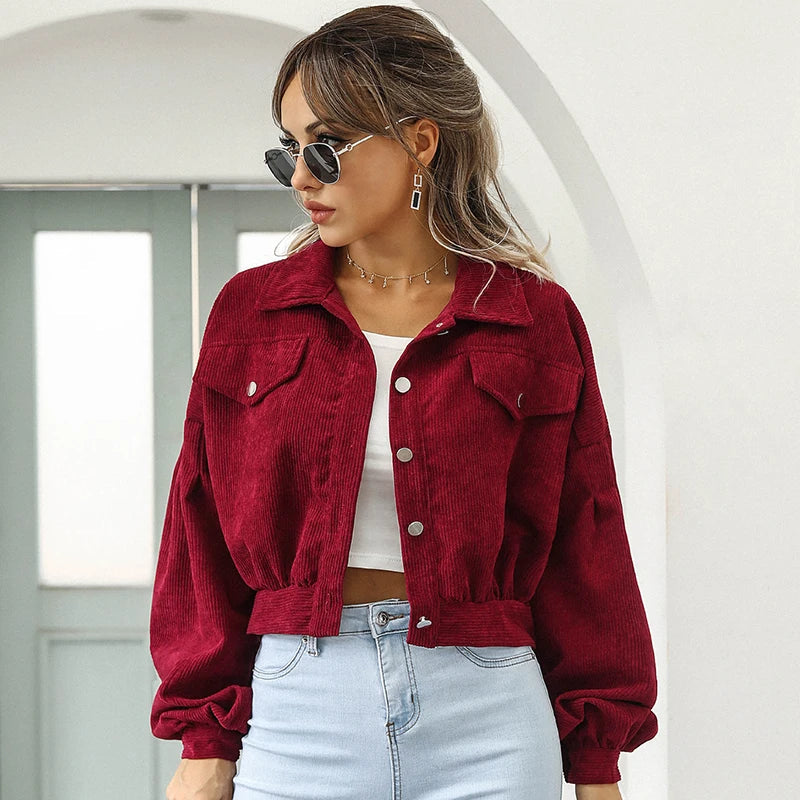 Women's Corduroy Jacket Short Casual Style with Classic Collar and Pockets