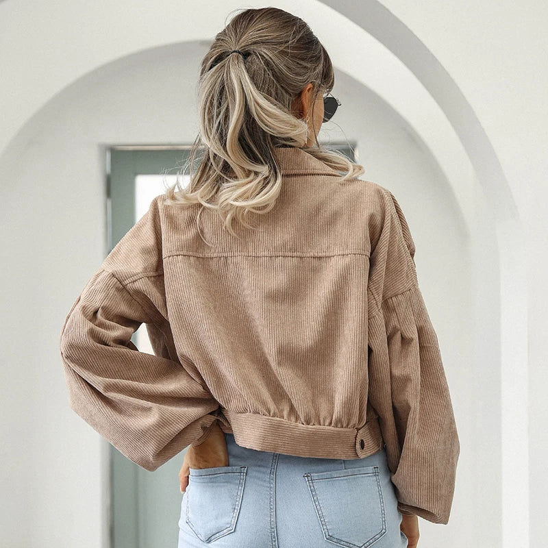 Women's Corduroy Jacket Short Casual Style with Classic Collar and Pockets