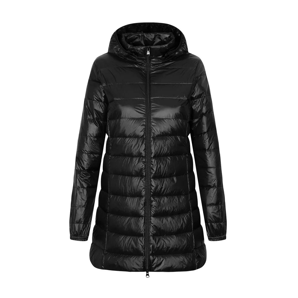 Veste pour femmes en duvet avec capuche, coupe longue