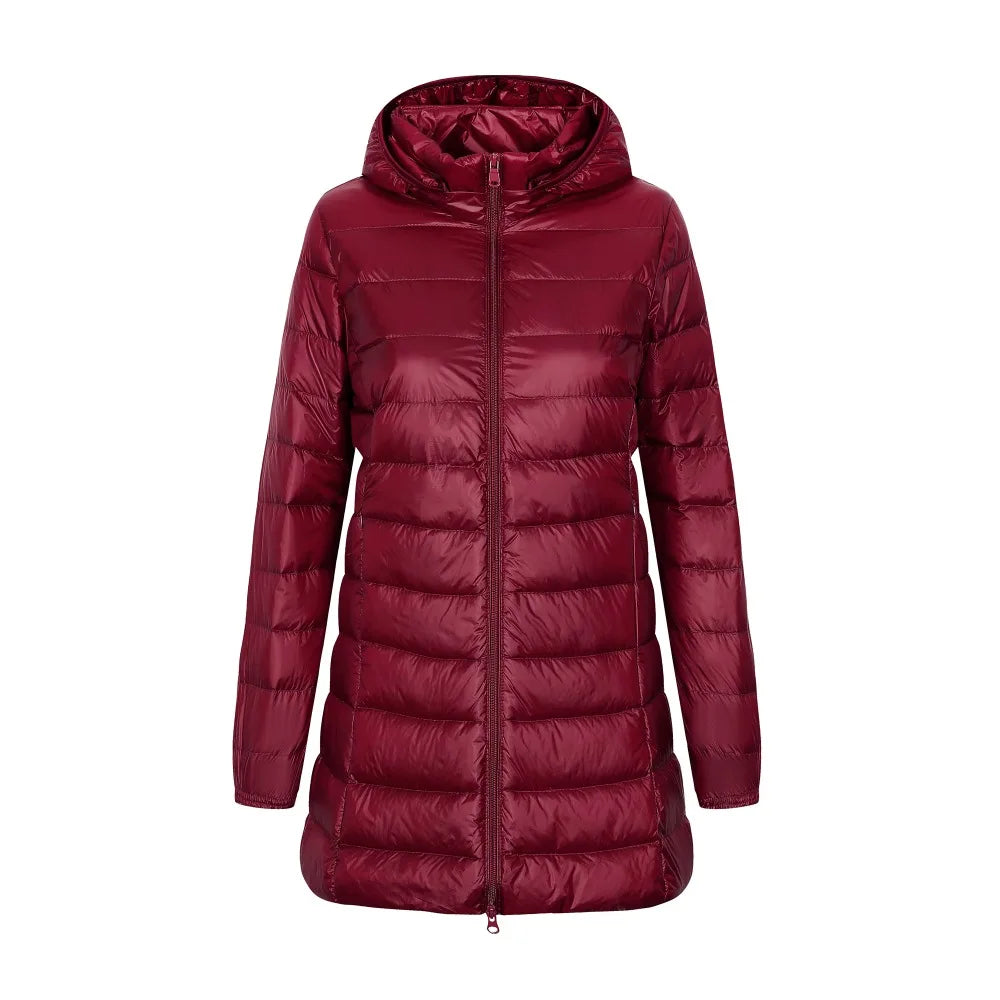 Veste pour femmes en duvet avec capuche, coupe longue