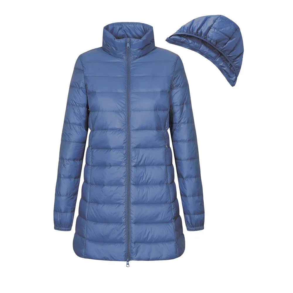 Veste pour femmes en duvet avec capuche, coupe longue
