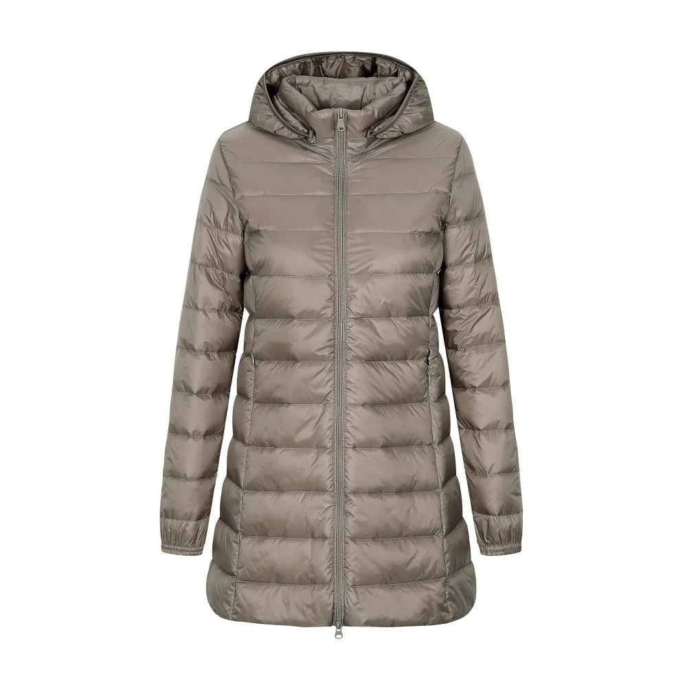 Veste pour femmes en duvet avec capuche, coupe longue