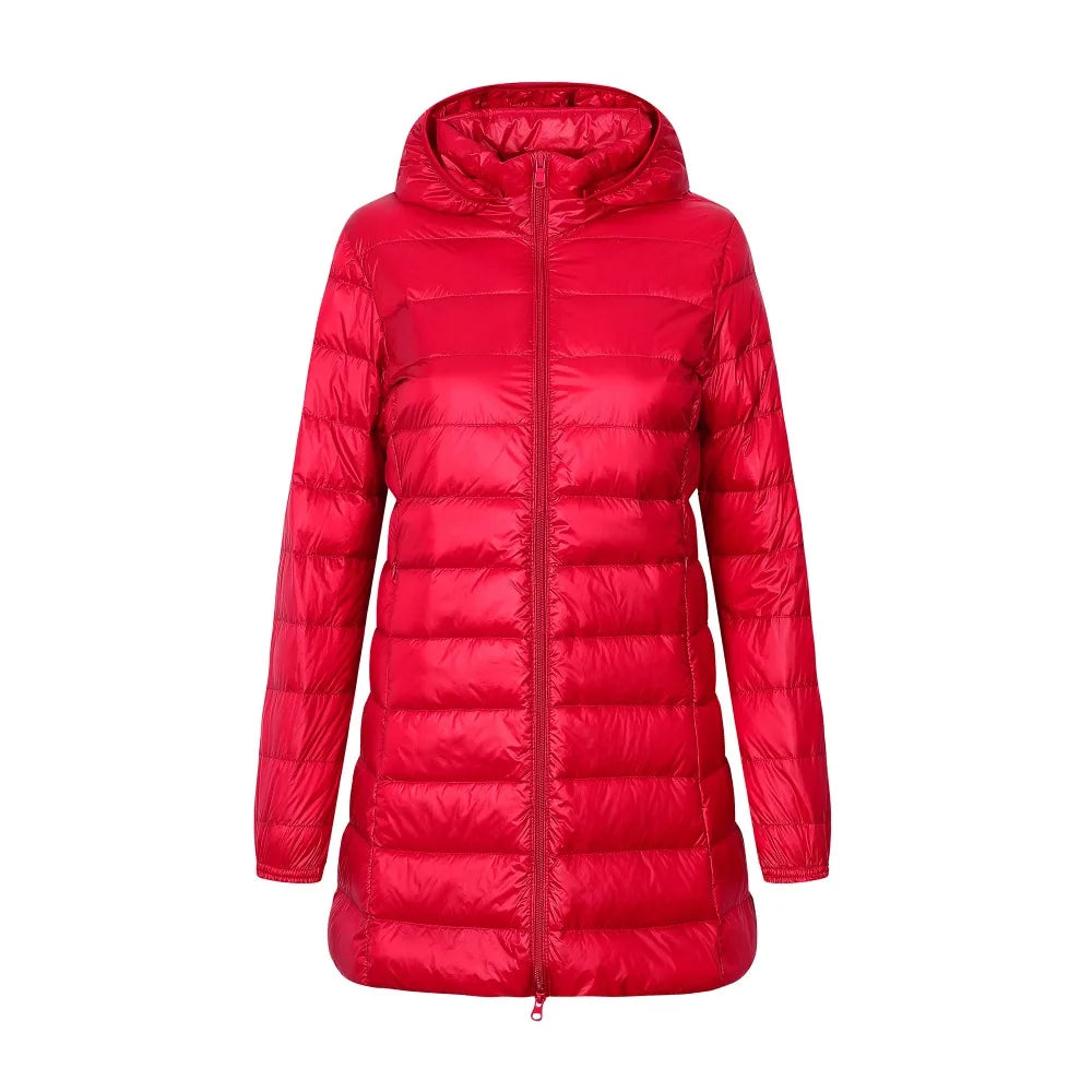 Veste pour femmes en duvet avec capuche, coupe longue