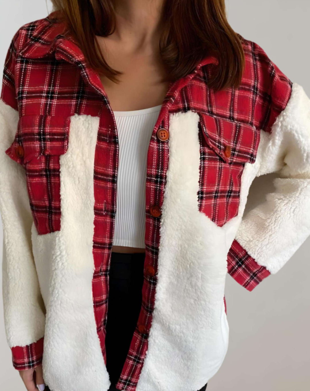 Women's jacket check pattern warm with chest pockets casual cut