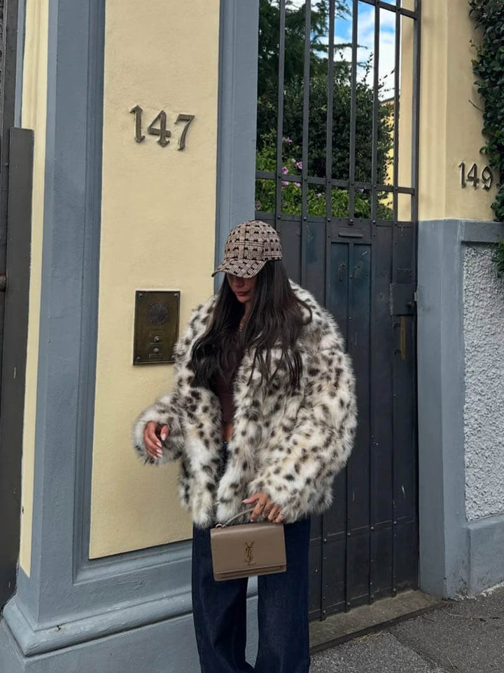 Women's jacket faux fur leopard print elegant