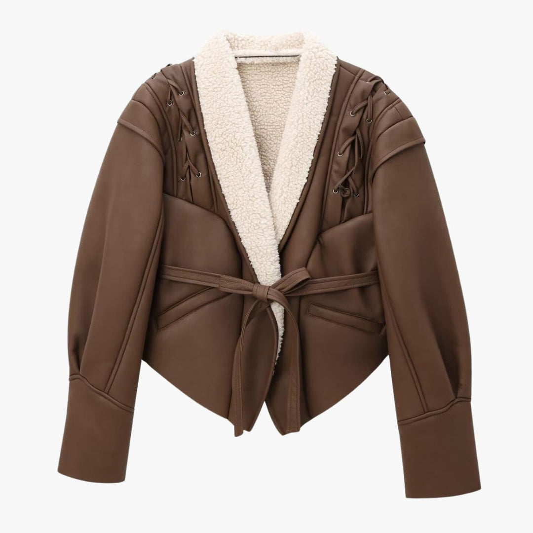 Women's jacket vegan leather teddy lining with lace-up details