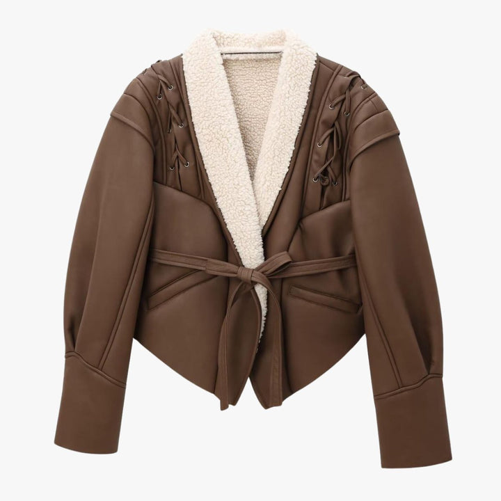 Women's jacket vegan leather teddy lining with lace-up details