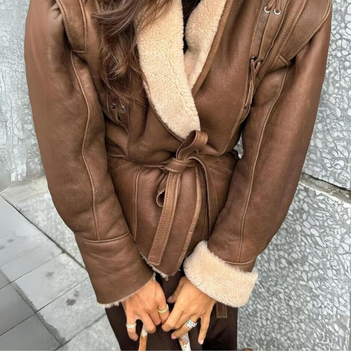 Women's jacket vegan leather teddy lining with lace-up details