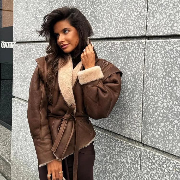 Women's jacket vegan leather teddy lining with lace-up details