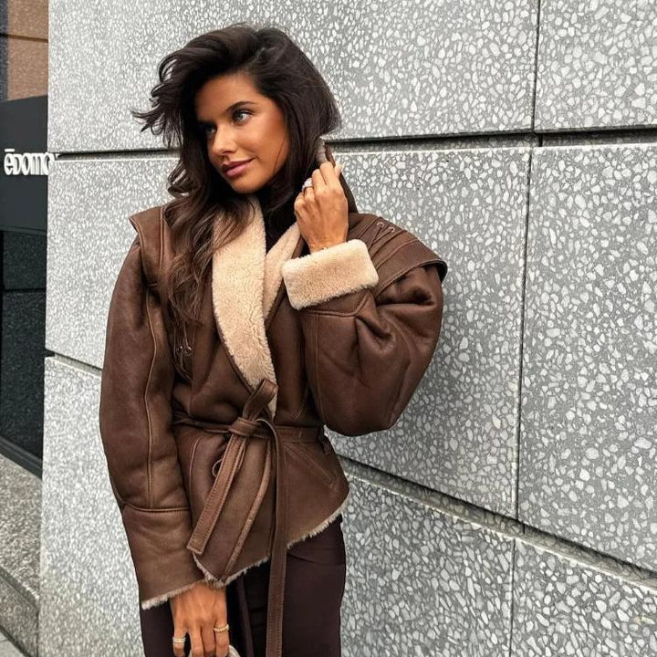 Women's jacket vegan leather teddy lining with lace-up details