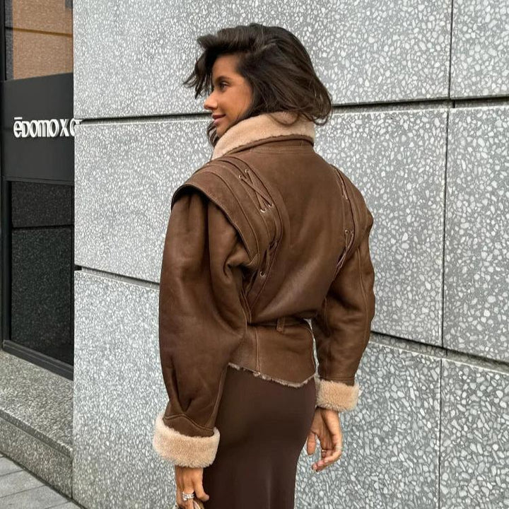 Women's jacket vegan leather teddy lining with lace-up details