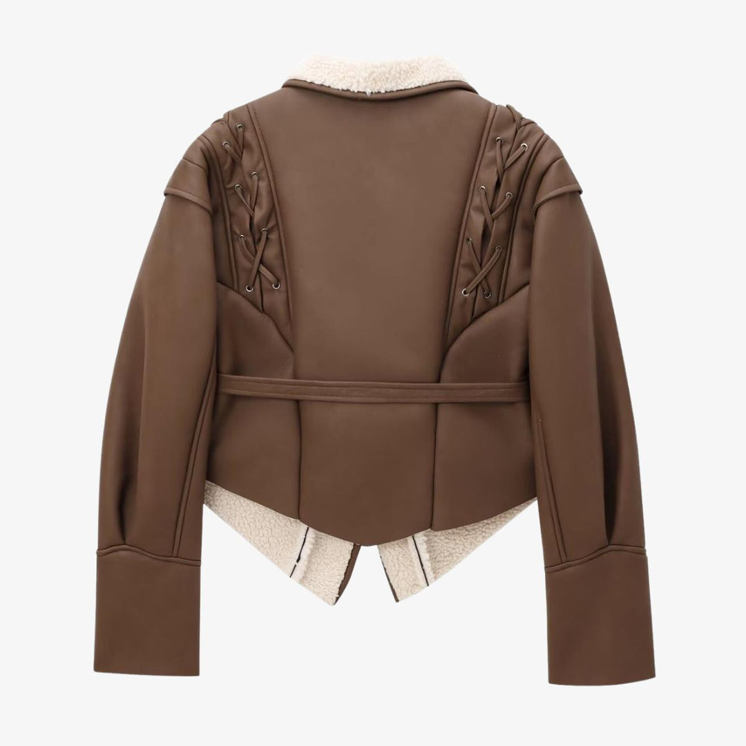 Women's jacket vegan leather teddy lining with lace-up details