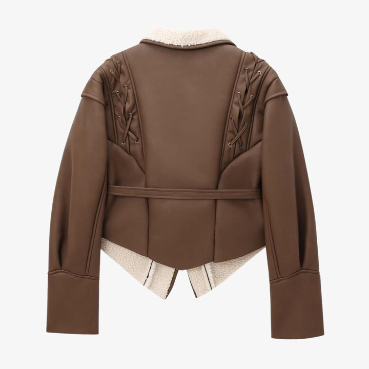 Women's jacket vegan leather teddy lining with lace-up details
