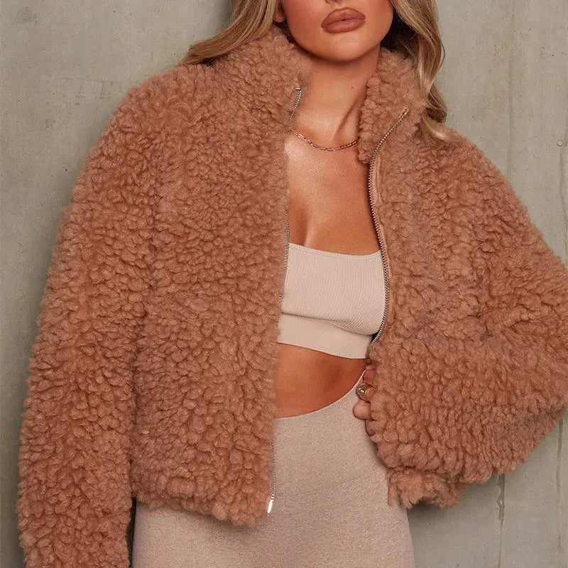 Women's jacket teddy fleece cropped cut with zipper