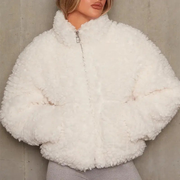 Women's jacket teddy fleece cropped cut with zipper
