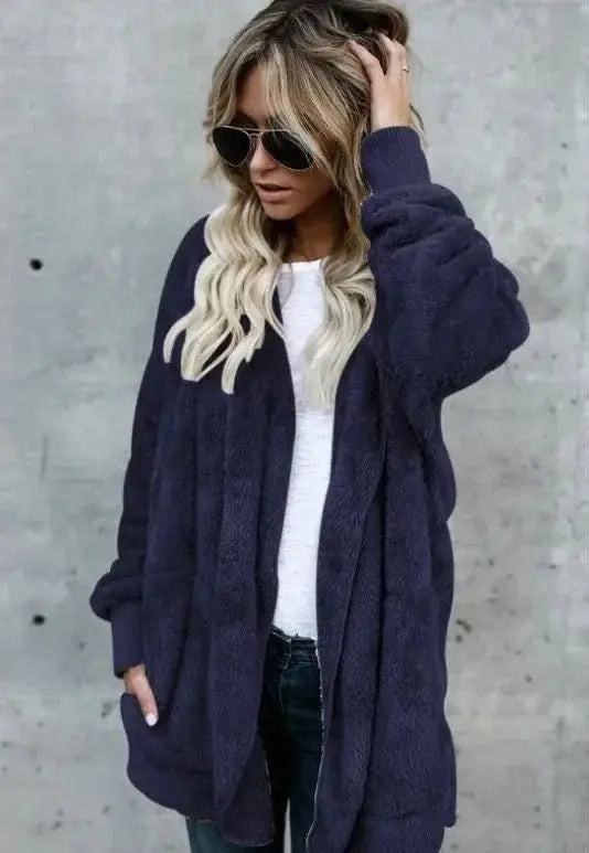 Veste pour femme en teddy polaire décontractée avec poches pratiques