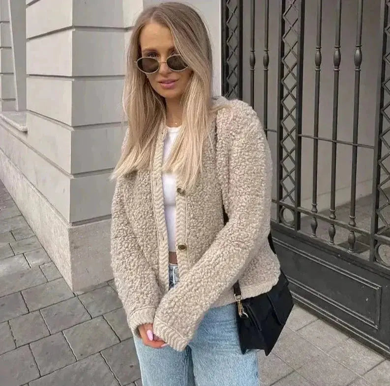 Women's jacket teddy material casual with zipper and side pockets