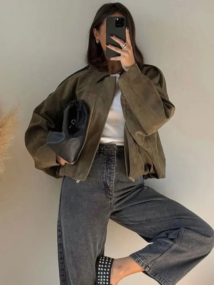 Veste pour femmes Veste de transition Style vintage moto Tissu de haute qualité