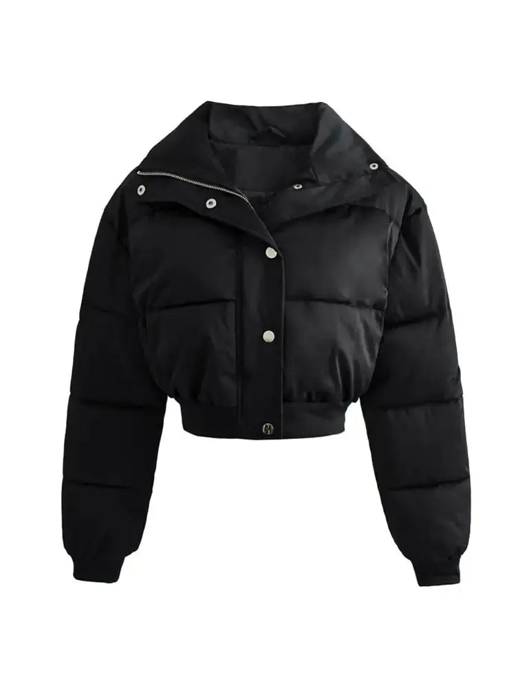 Women's padded short jacket fashionable with high collar and snap button closure