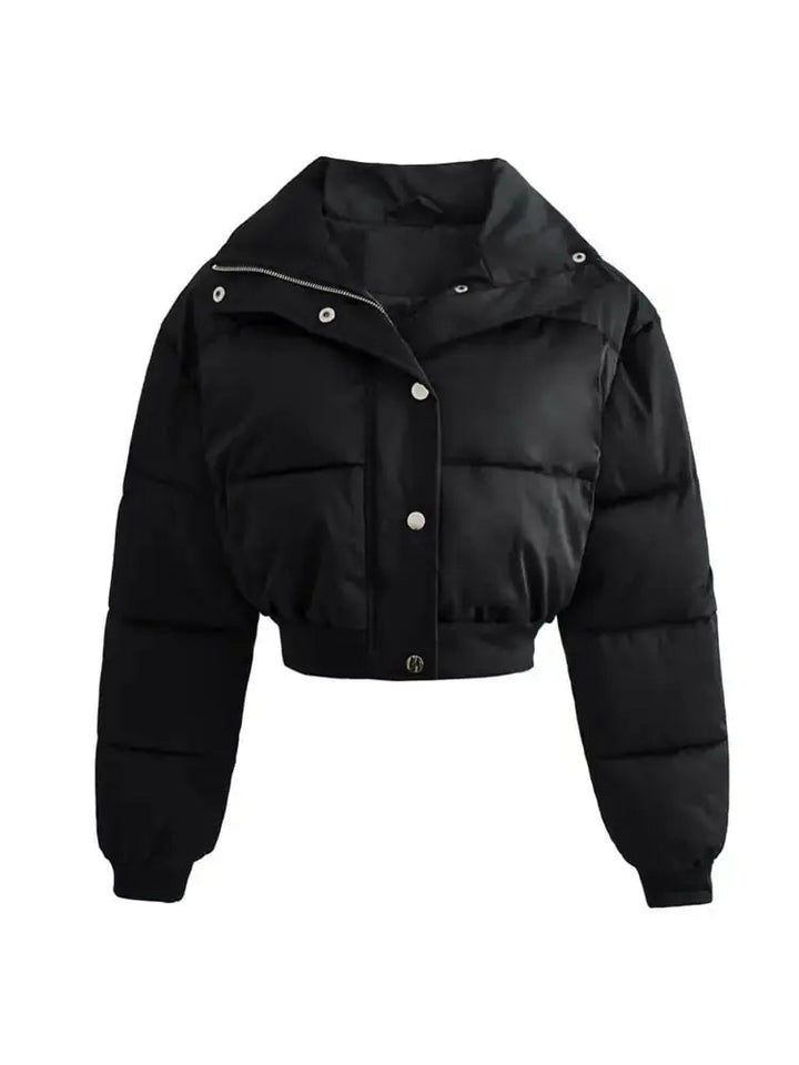 Women's padded short jacket fashionable with high collar and snap button closure