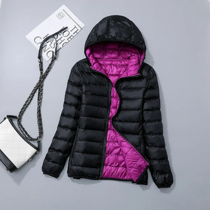 Women's jacket reversible ultralight with hood and water-repellent