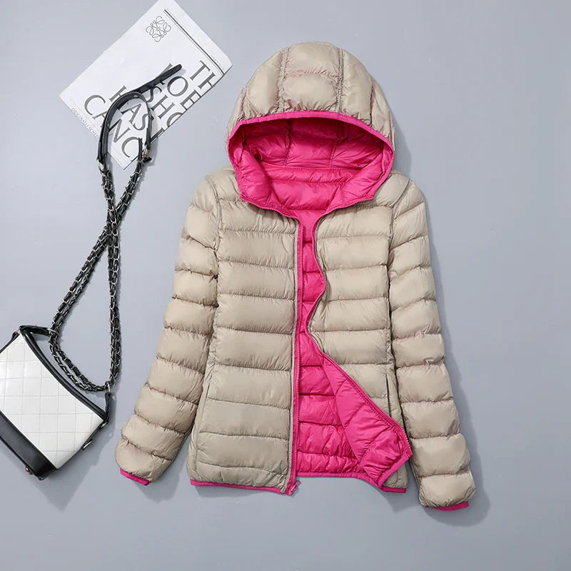Women's jacket reversible ultralight with hood and water-repellent