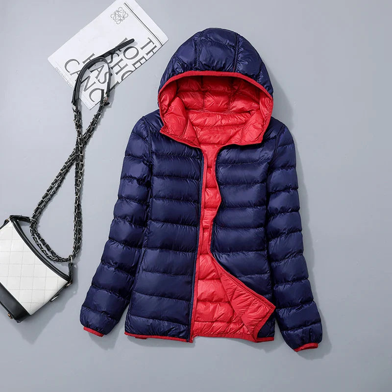 Women's jacket reversible ultralight with hood and water-repellent