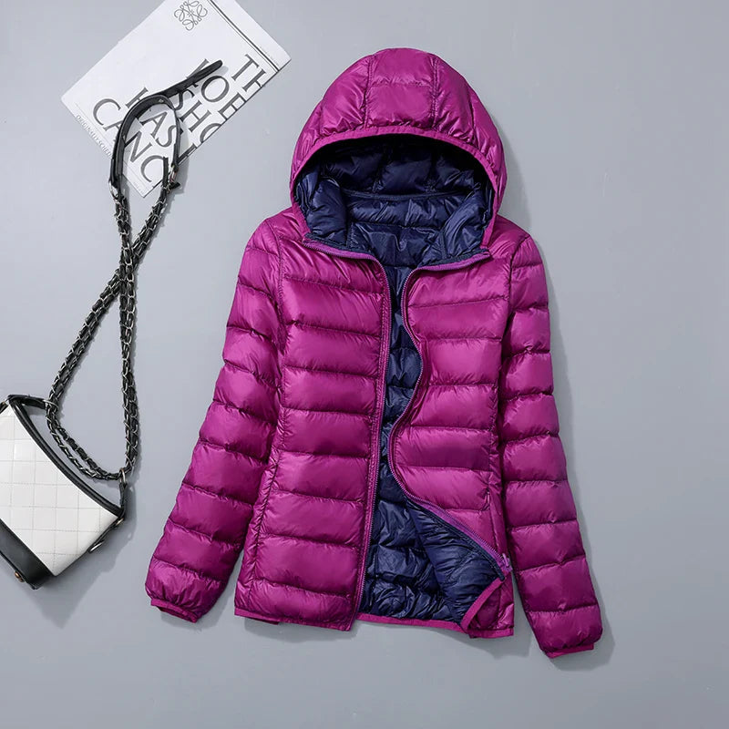 Women's jacket reversible ultralight with hood and water-repellent