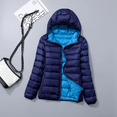 Women's jacket reversible ultralight with hood and water-repellent