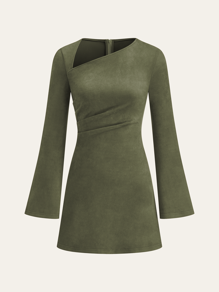 Women's Dress Asymmetrical – Long Sleeve Mini Dress in Suede Look Elegant