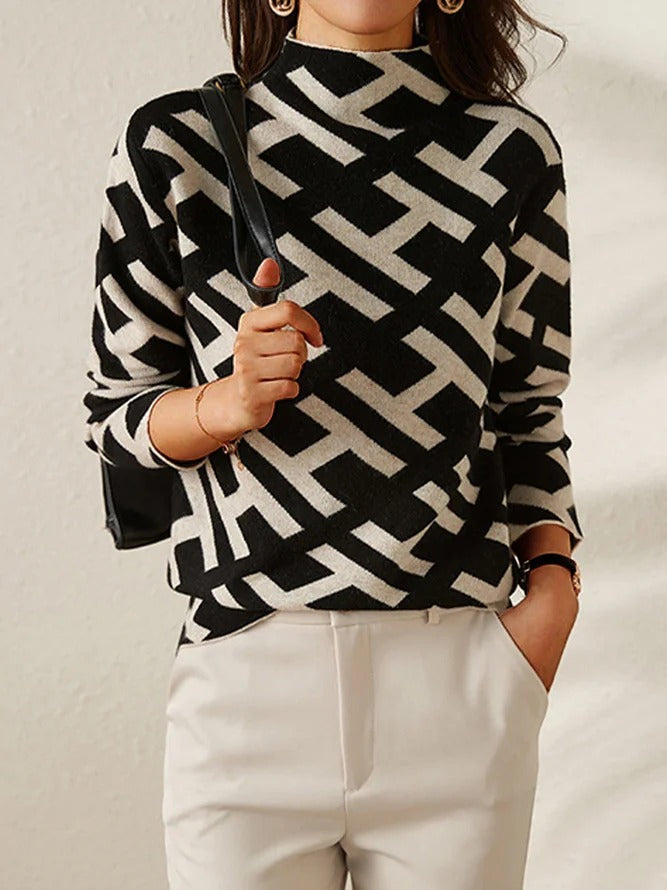 Women's sweater cotton geometric design V-neck