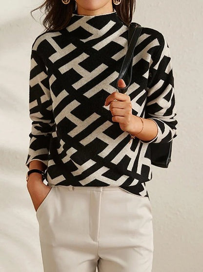 Women's sweater cotton geometric design V-neck