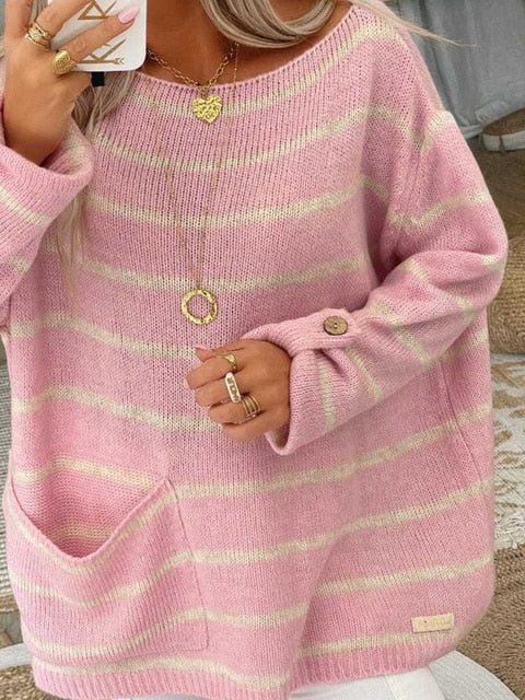 Women's sweater cotton chunky knit with stripes