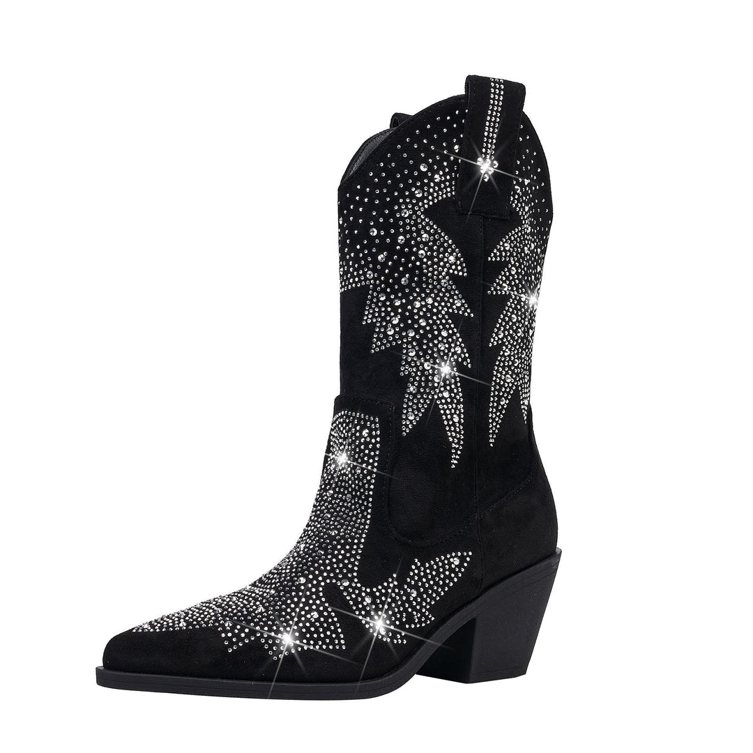 Women's suede boots elegant mid-calf height with rhinestone decorations