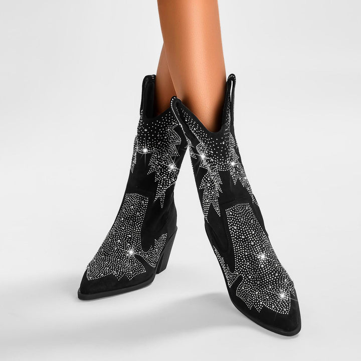 Women's suede boots elegant mid-calf height with rhinestone decorations