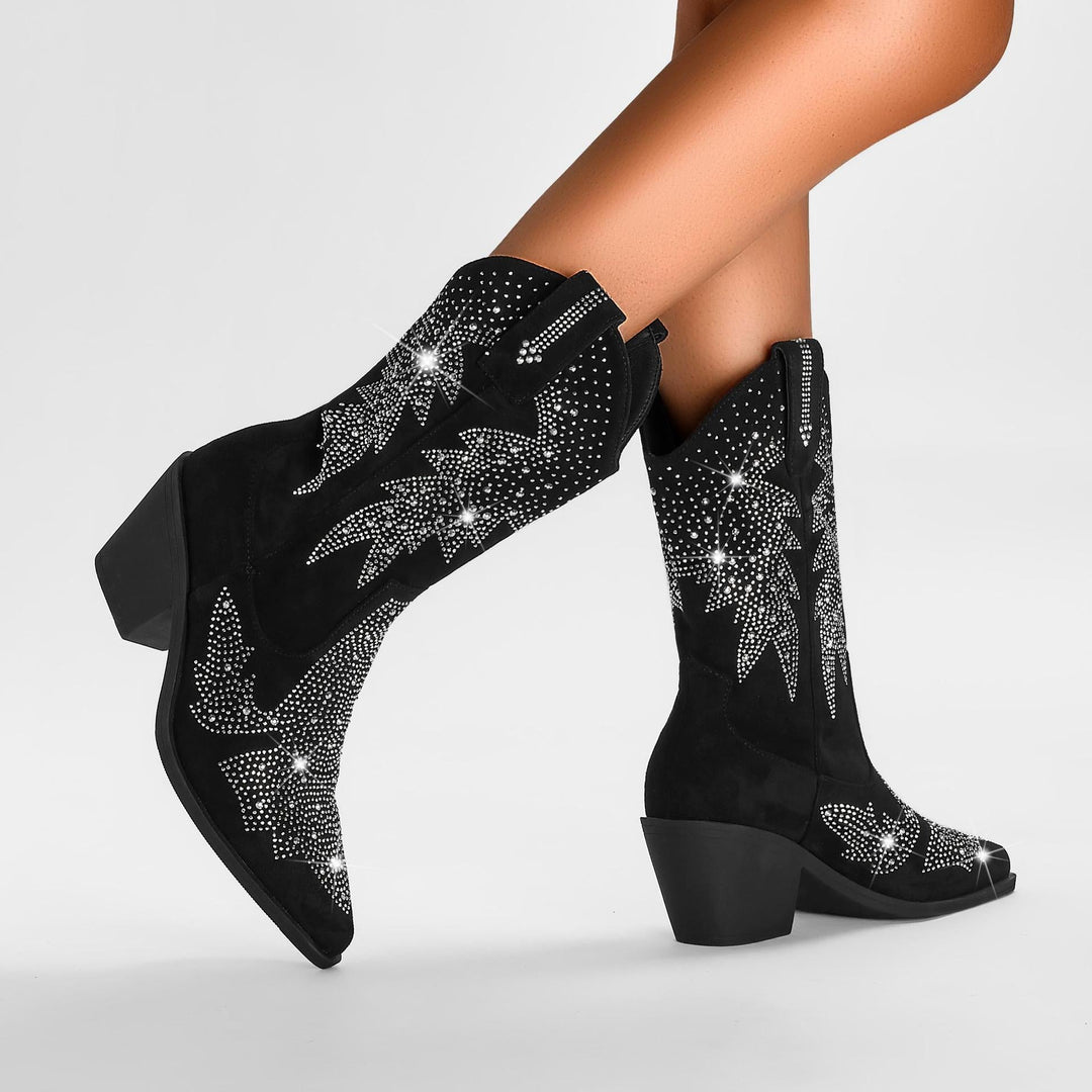 Women's suede boots elegant mid-calf height with rhinestone decorations