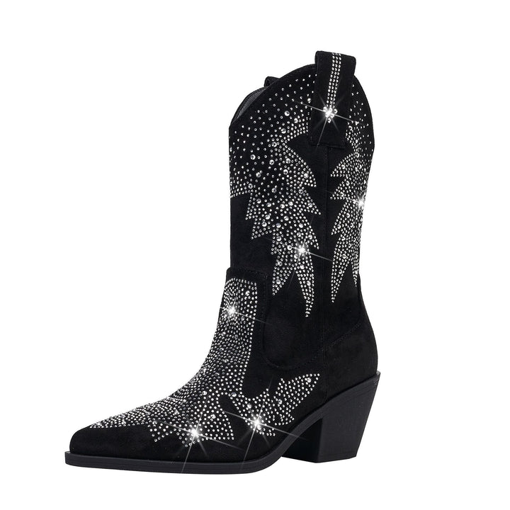 Women's suede boots elegant mid-calf height with rhinestone decorations