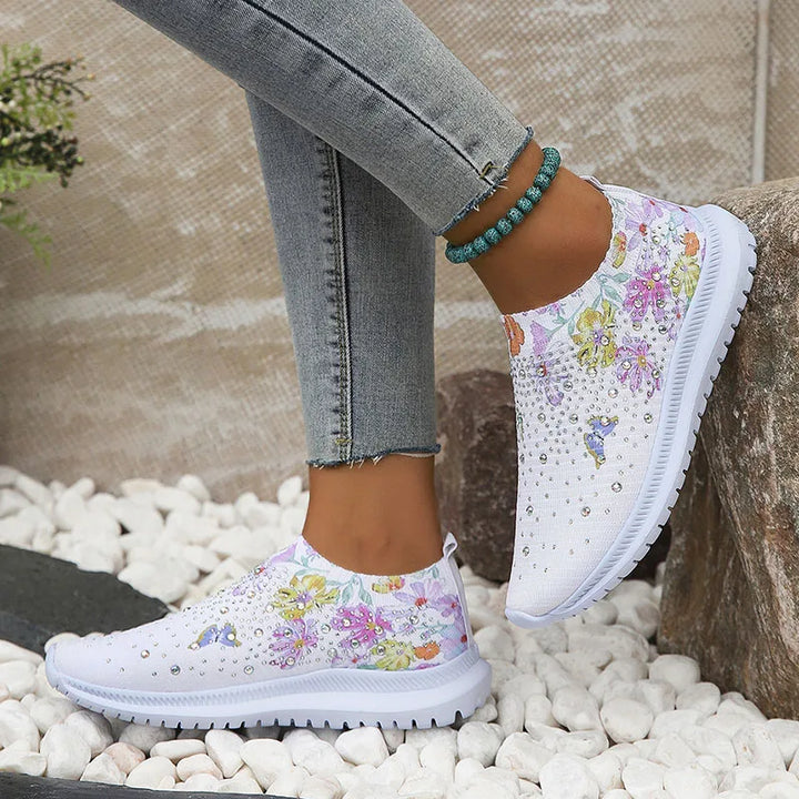 Baskets à plateforme en maille pailletée pour femmes – Chaussures respirantes avec motif floral