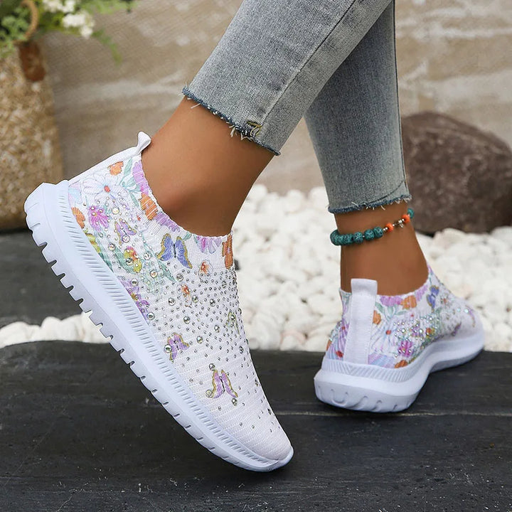 Baskets à plateforme en maille pailletée pour femmes – Chaussures respirantes avec motif floral