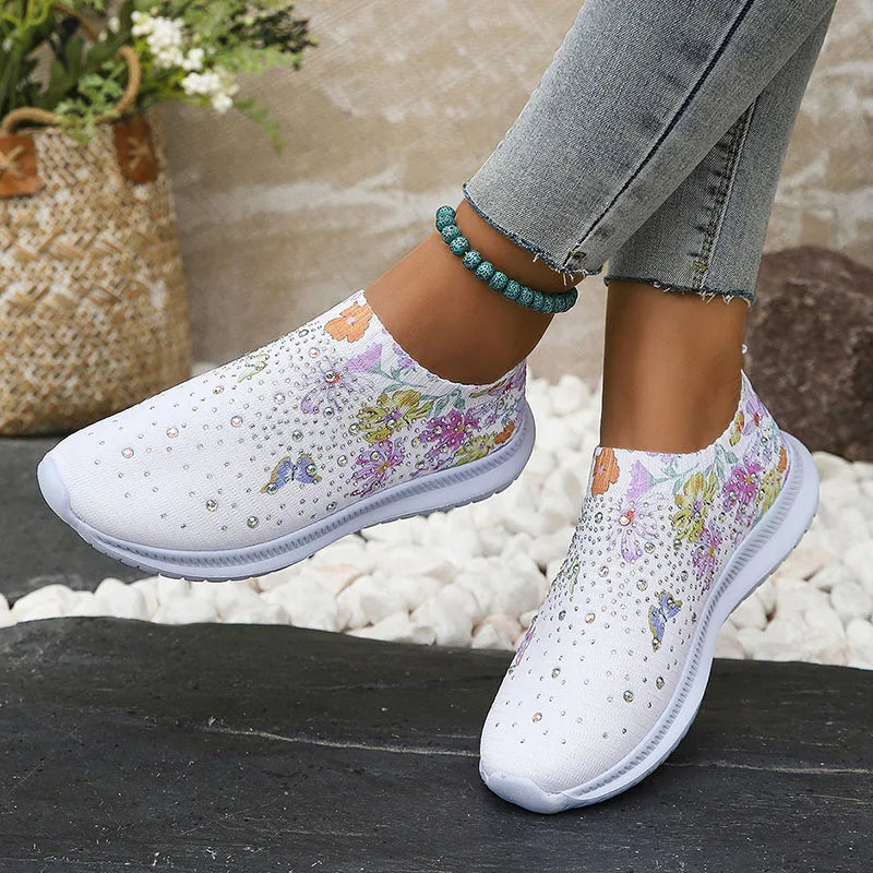 Baskets à plateforme en maille pailletée pour femmes – Chaussures respirantes avec motif floral