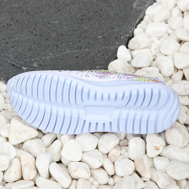 Baskets à plateforme en maille pailletée pour femmes – Chaussures respirantes avec motif floral