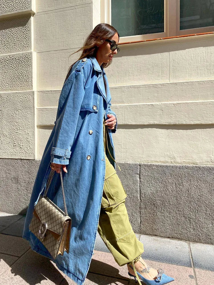 Long Women's Trench Coat Blue – Fitted with Belt – Elegant & Modern