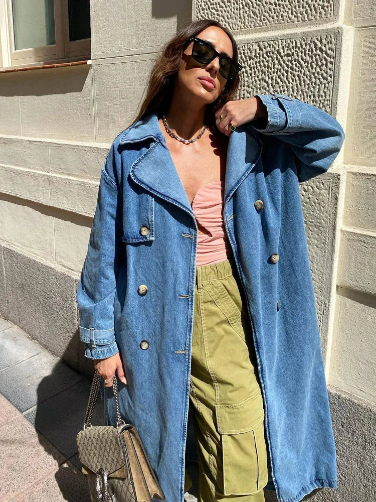 Long Women's Trench Coat Blue – Fitted with Belt – Elegant & Modern
