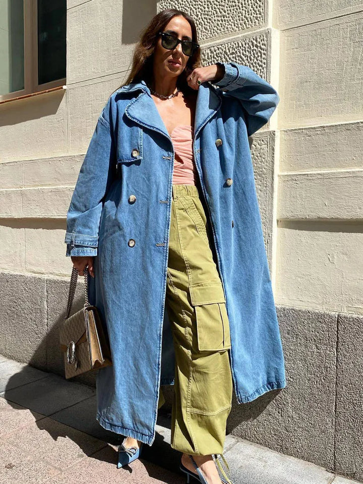 Long Women's Trench Coat Blue – Fitted with Belt – Elegant & Modern