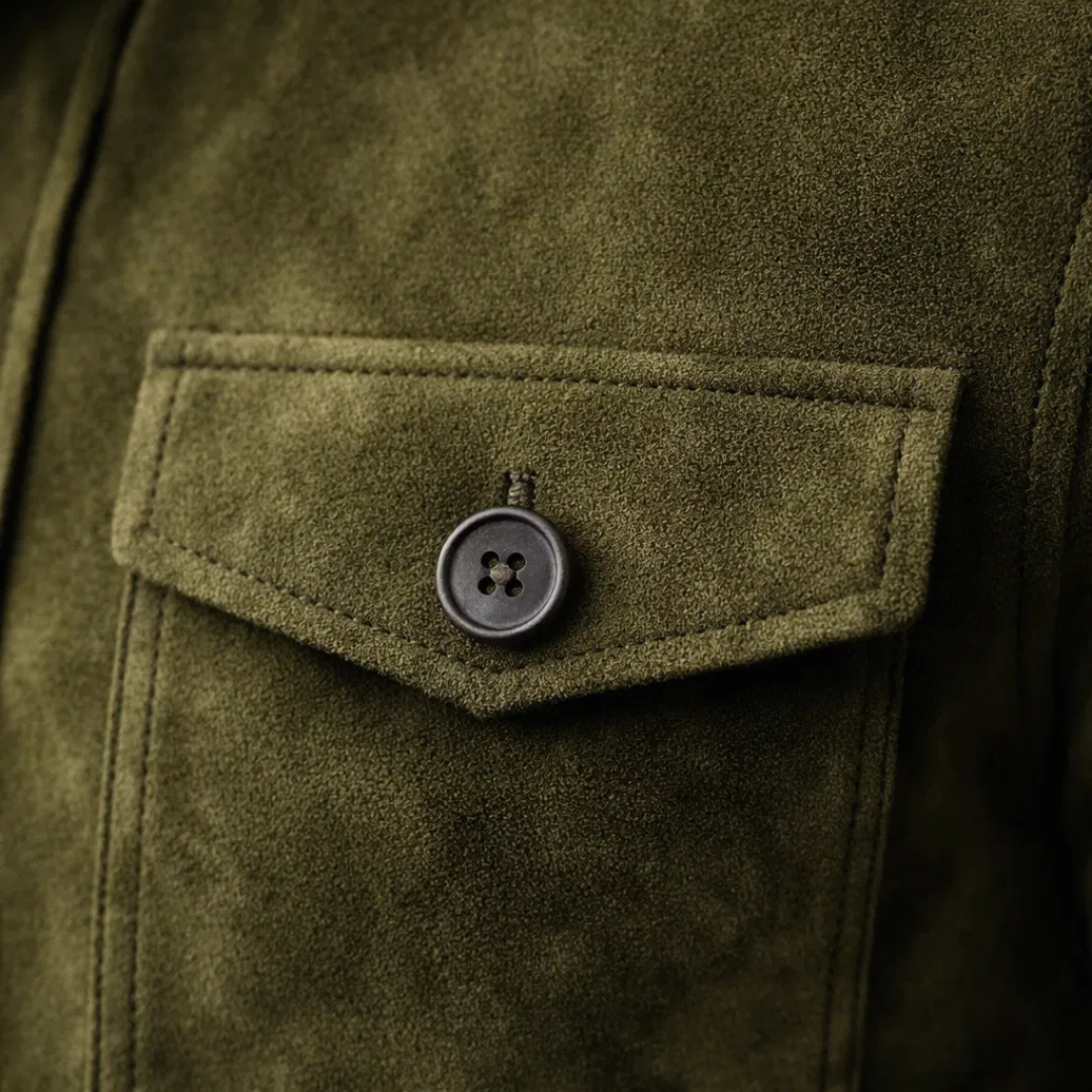 Herren Olivgrüne Wildleder Hemdjacke – Stilvolle Legere Oberbekleidung