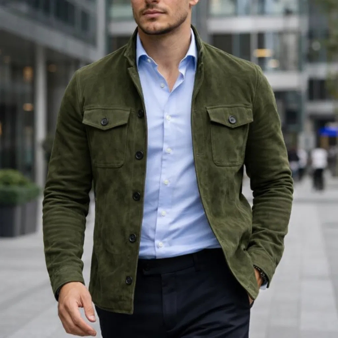 Herren Olivgrüne Wildleder Hemdjacke – Stilvolle Legere Oberbekleidung