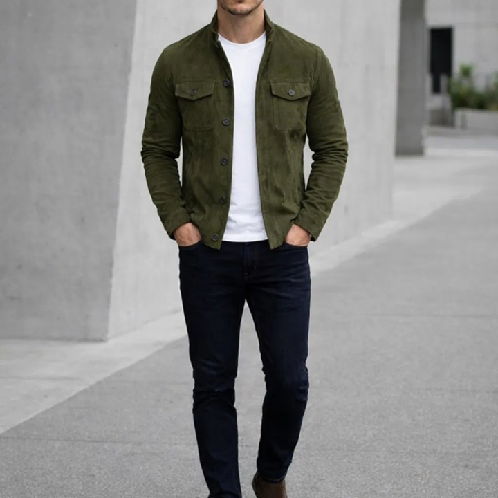 Herren Olivgrüne Wildleder Hemdjacke – Stilvolle Legere Oberbekleidung